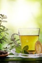 Oriental green tea with mint and lemon on bamboo closeup Royalty Free Stock Photo