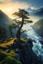 Oriental Haida: A Tree-Cliff Overlooking a Deep River, Pines in