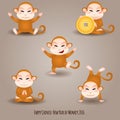 Oriental Happy Chinese New Year 2016 Year of Monkey set of jumping, happy, sitting cartoon monkey Vector Design. Royalty Free Stock Photo