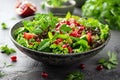 Oriental herb salad, mint, parsley, dill, coriander, lambs lettuce, with currants and pomegranate dressing