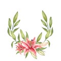 Oriental hybrid lilies. Pink lily flowers, leaves and buds. Hand-drawn watercolor wreath. Artistic illustration