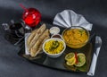 Oriental Indian set chicken korma naan bread, plate, coffee, d Royalty Free Stock Photo