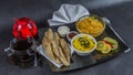 Oriental Indian set chicken korma naan bread, plate, coffee, Royalty Free Stock Photo