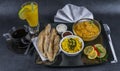 Oriental Indian set chicken korma,naan bread, plate, coffee, o Royalty Free Stock Photo