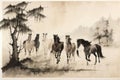 oriental ink painting with Chinese hieroglyph "horse". Year of hors