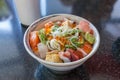 Oriental Japanese food, Bowl of mixed sashimi topped on Japanese