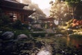 Oriental Japanese garden with sunlights, garden background, Generative AI