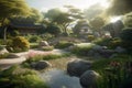 Oriental Japanese garden with sunlights, garden background, Generative AI