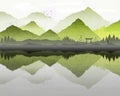 Oriental Japanese landscape, with reflection of mountains in lake, and mist forming over water. Lone fisherman silhouette and