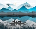 Oriental Japanese landscape, with reflection of mountains and trees in lake, mist forming over water. Birds flying over lake and Royalty Free Stock Photo