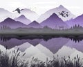 Oriental Japanese landscape, with reflection of mountains and trees in lake, mist forming over water. Birds flying over lake and Royalty Free Stock Photo
