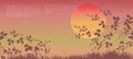 Oriental Japanese style abstract pattern background design sunset landscape view of tree branch and grass ground Royalty Free Stock Photo