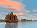 Oriental junk by sunset - 3D render