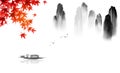 Oriental landscape with fishing boat, japanese red maple leaves and high mountain rocks. Traditional oriental ink Royalty Free Stock Photo