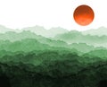 Oriental landscape with green misty forest mountains and big red sun. Traditional oriental ink painting sumi-e, u-sin