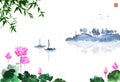Oriental landscape with lotus flowers, fishing boat, bamboo and island with trees. Traditional oriental ink painting
