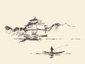 Oriental landscape pagoda lake drawn vector sketch