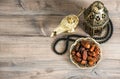 Oriental lantern rosary dates on wooden background