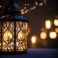 oriental lanterns with golden glowing light in the sand