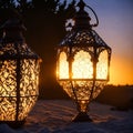 oriental lanterns with golden glowing light in the sand
