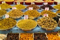 Oriental market stall with nuts and dried fruit. Royalty Free Stock Photo