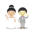 Oriental mestizo bride and oriental bridegroom Interracial newlywed couple in cartoon style Vector illustration
