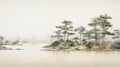Oriental Minimalism: Watercolor Forest By The Lake In 8k Resolution