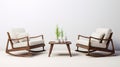 Oriental Minimalism: Wooden Rocking Chairs With Plant And Table
