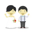 Oriental newlywed couple in cartoon style Vector illustration