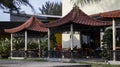 Oriental open gazebo or pavilion with table and chair to sit for friends and family gathering and sharing white eating