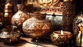 Oriental or ottoman metalwork and craft, filigree pots or lanterns close up in a middle east bazaar