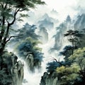 Oriental painting with lush mountains and serene faces