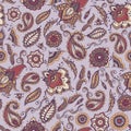 Oriental Paisley Seamless Pattern With Traditional Persian Buta Motif And Mehndi Elements On Purple Background. Colorful