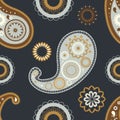 Oriental paisley seamless patterns. Floral abstract ornament on dark background.