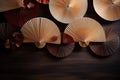 Oriental Paper Fans On Brown Table Minimal Asian Style. Generative AI