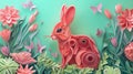 oriental, paper quilling of rabbit in environment, bright, intricately designed, 3d