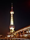 The Oriental Pearl Radio & Television Tower in Shanghai city, China. Night and bright colours Royalty Free Stock Photo