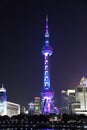 The Oriental Pearl Tower and other Buildings illuminated at night in Lujiazui, Pudong. Shanghai, China, October 24, 2018. Royalty Free Stock Photo