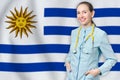 Oriental Republic of Uruguay healthcare concept with doctor on background. Medical insurance, work or study in the country