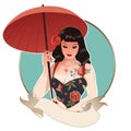 Oriental retro cartoon style PinUp girl, tattooed with flowers and carrying an umbrella. May and June. French Republican Calendar Royalty Free Stock Photo