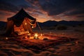 Oriental rug with canopy campfire. Night in the desert. generative AI