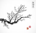 Oriental sakura cherry tree in blossom and fishing boat in water. Traditional oriental ink painting sumi-e, u-sin, go