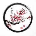 Oriental sakura cherry tree blossoming in black enso zen circle on white background. Contains hieroglyphs - zen, freedom