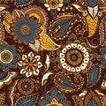Oriental seamless pattern with ethnic buta motifs and Persian floral mehndi elements on brown background. Motley