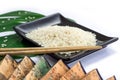 Oriental set of rice, chopsticks, green leaf and transp Royalty Free Stock Photo