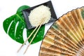 Oriental set of rice, chopsticks, green leaf and transp Royalty Free Stock Photo
