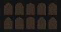Oriental shape gold windows, doors with mashrabiya pattern. Arabian islamic arhitecture elements on dark background. Royalty Free Stock Photo
