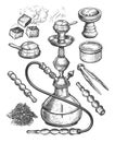 Oriental smoking hookah and set of accessories. Hand drawn nargile, shisha sketch isolated. Vintage illustration Royalty Free Stock Photo