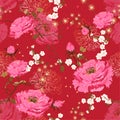 Oriental Soft and gentel pink bloom Vector seamless floral pattern. Chinese national flower peony and cherry bloosom . Royalty Free Stock Photo