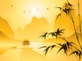 Oriental style painting, Bamboo in sunset scene Royalty Free Stock Photo